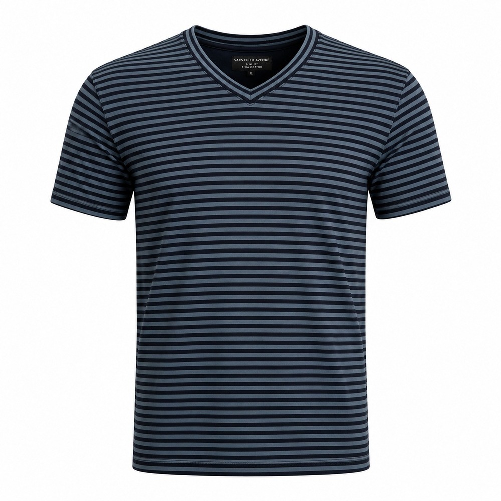Saks Fifth Avenue Mens Slim Fit Pima Cotton V-Neck Striped T-Shirt Blue Large